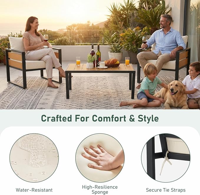 Furnimart Patio Furniture Set, 2-Piece Metal Outdoor Sectional, 2-Seat Patio Conversation Set with Deep Seating, Thick Cushions & Coffee Table for Backyard, Porch & Deck, Beige