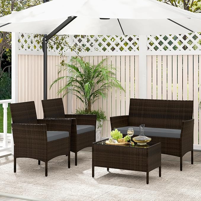 Tangkula 4 Piece Patio Rattan Conversation Set, Outdoor Wicker Furniture Set with Chair, Loveseat & Tempered Glass Table, Cozy Seat Cushions, Outside Sectional Sofa Set for Backyard, Porch (1,Grey)