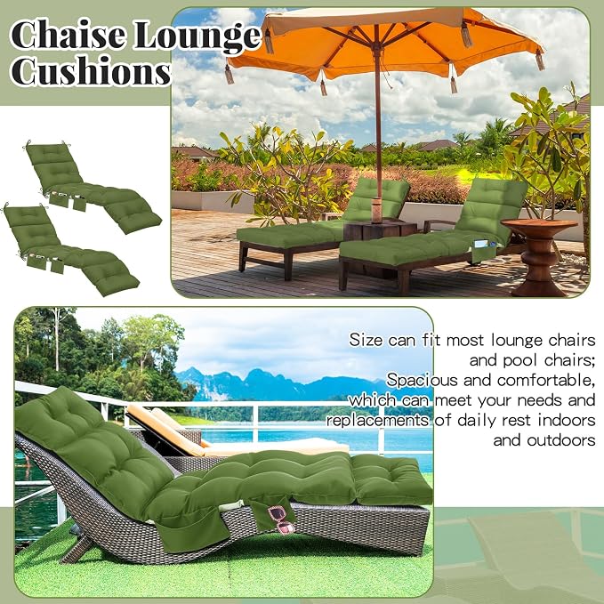 Kigley 2 Pcs Outdoor Chaise Lounge Cushions with 3 Side Pocket 74.5 x 22 x 4.7 Inch Patio Chaise Lounge Cushion, Water-Repellent and Fade-Resistant Tufted Summer Replacement(Moss Green, Solid Color)