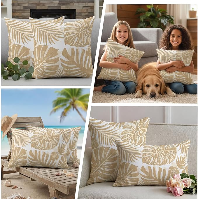 Khaki Palm Leaves Outdoor Pillow Covers 26"x26" Set of 2, Tropical Botanical Minimalist Modern Waterproof Throw Pillow Covers for Patio Furniture, Decorative Cushion Covers for Porch