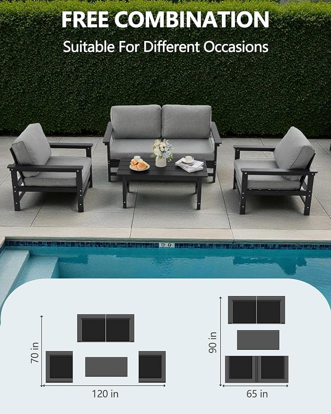 HDPE Outdoor Patio Furniture Set, 5-Piece Sofa Set with Loveseat Couch, 2 Armchairs & Coffee Table, Weatherproof Conversation Set with Cushions, All-Weather Waterproof, for Garden, Porch & Backyard