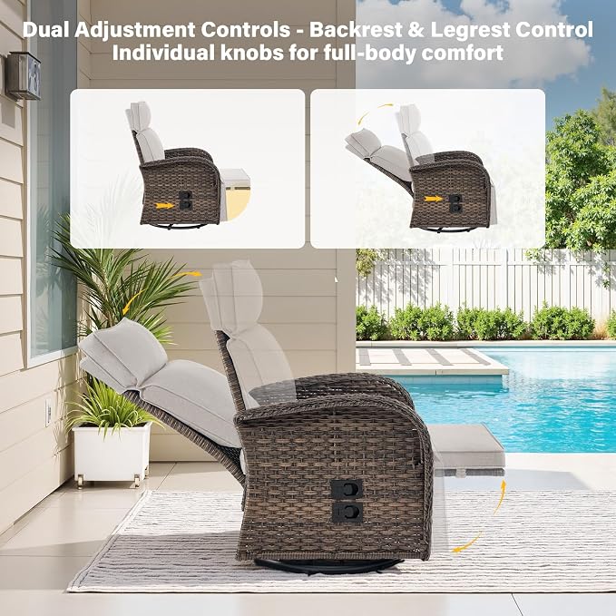 Dual-Adjust Swivel Outdoor Recliner Chair Set of 3 - Reclining Patio Chair with Adjustable Backrest and Footrest, All-Weather Wicker Chaise Lounge Outdoor with Side Table for Deck (Upgraded 2.0)