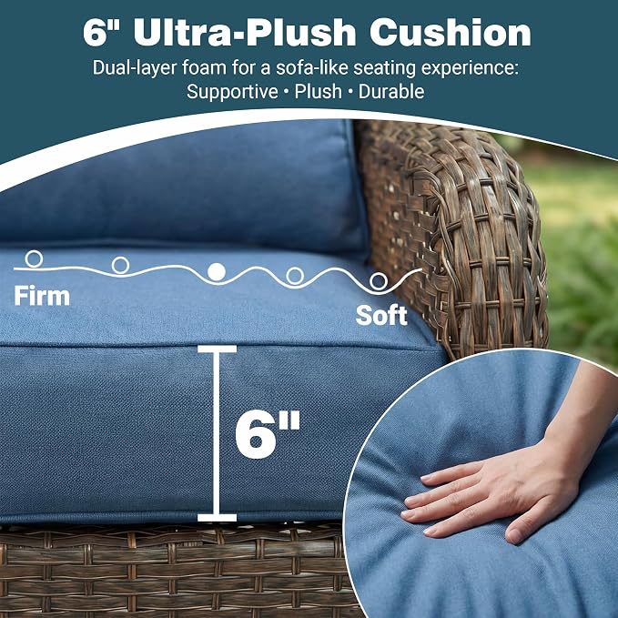 Patio Furniture Set, 5PCS Outdoor Wicker Conversation Set with 6" Thick Cushions, High Back Rattan Sofa & Swivel Rocker Chairs, Weather Resistant Olefin Fabric for Garden, Poolside, Navy Blue