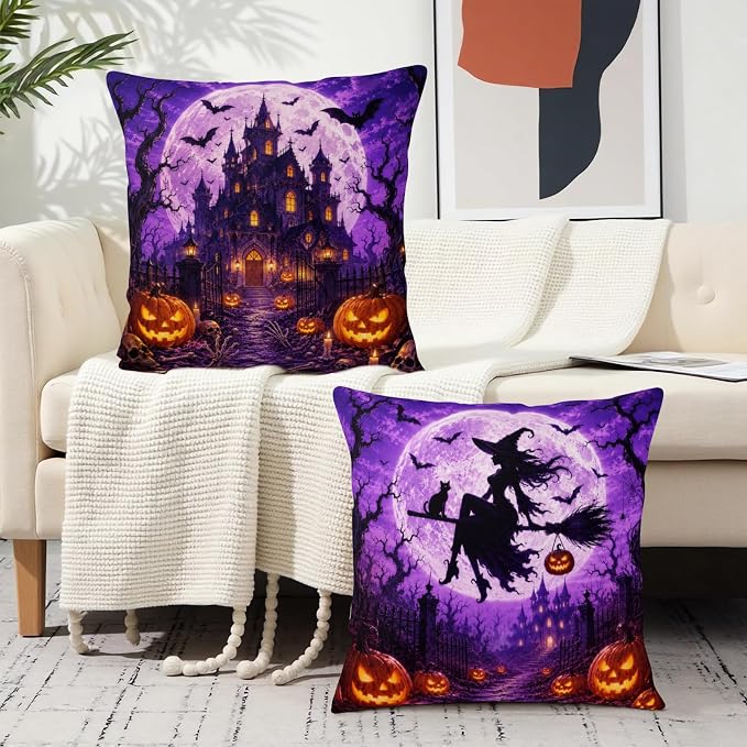 Purple Halloween Pillow Covers 16x16 Set of 2 Full Moon Night Castle Witch Throw Pillow Covers Bat Jack-O-Lantern Decorative Pillowcase for Couch Sofa Indoor Outdoor