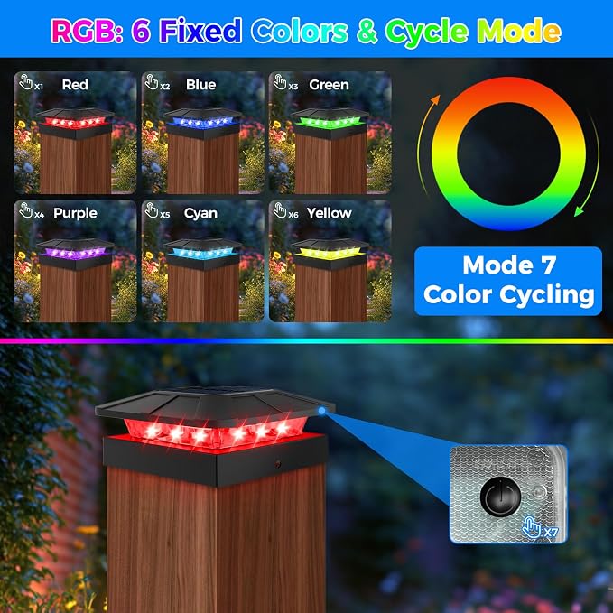 4x4 Post Solar Lights RGB Color Changing, 2 Pack Post Cap Light Fits 4×4/3.5×3.5 Wood/Vinyl Posts, Waterproof Fence Top Lighting for Wood/Vinyl Posts for Outside Deck Mailbox Porch Railing