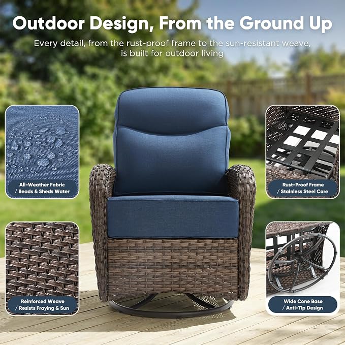 HUMMUH 4PCS Outdoor Swivel Rocker Patio Chairs with Ottomans,Luxury 6-inch Thick Cushion,High Back Patio Furniture Set,Wicker Conversation Set for Deck Yard and Poolside