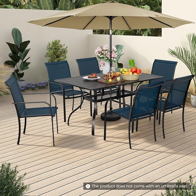 Incbruce 8 Pieces Patio Dining Set with Brown Umbrella, Outdoor Dining Set of 6 Textilene Chairs and Rectangle Table with Umbrella Hole for Backyard, Garden, and Poolside (Blue)