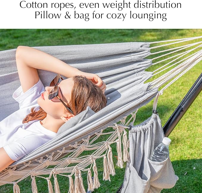 PNAEUT Handmade Tassel Hammocks, Double Hammock with Stand for Outside, Max 450 lbs Capacity, Pillow & Storage Bag Included (Grey)
