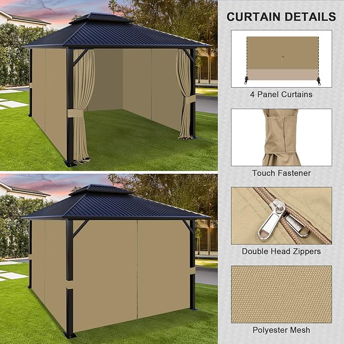 Aoodor 10x12 ft Outdoor Gazebo Curtains, 4 Panels Waterproof Privacy Sidewall Replacement with Zipper for Patio Pergola and Canopy, Khaki