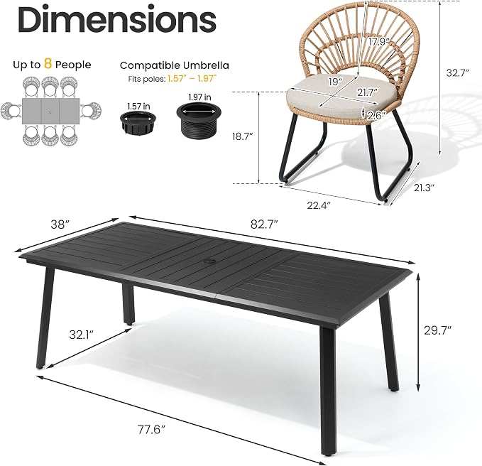 9 Piece Aluminum Patio Dining Set with Rattan Chairs | 83" Large Rectangle Dining Table with Umbrella Hole, 8 Shell Shaped Rattan Outdoor Chairs with Beige Cushions for Garden Deck