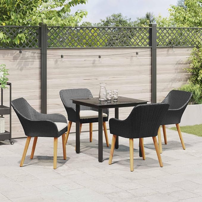 5-Piece Garden Dining Set with Cushions Black Poly Rattan Patio Outdoor Furniture Table and Chairs for Backyard Deck Poolside Entertaining