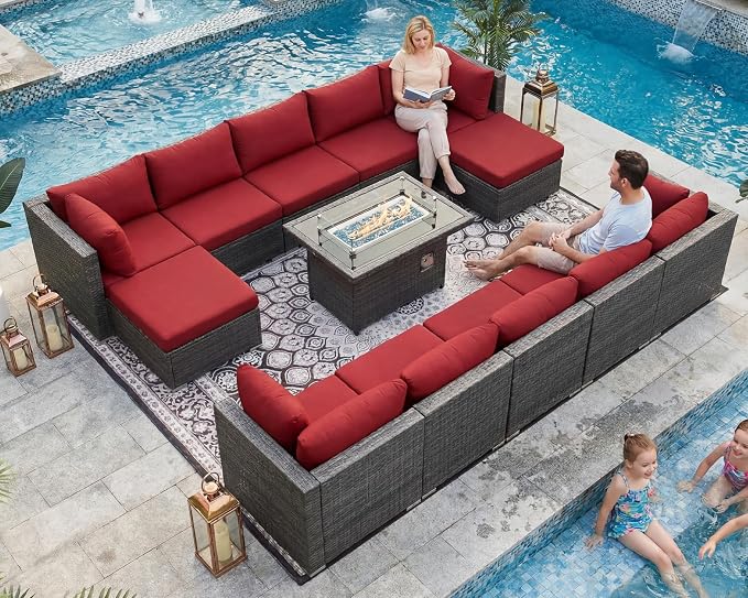 NICESOUL 13 Piece Patio Furniture w/Fireplace, Elegant Outdoor Seating w/Firepit, XL Size 29.3'' High Back Sectional Sofa, All-Weather Rattan Deck Couch, Modular Sturdy Conversation Set, Gray & Red
