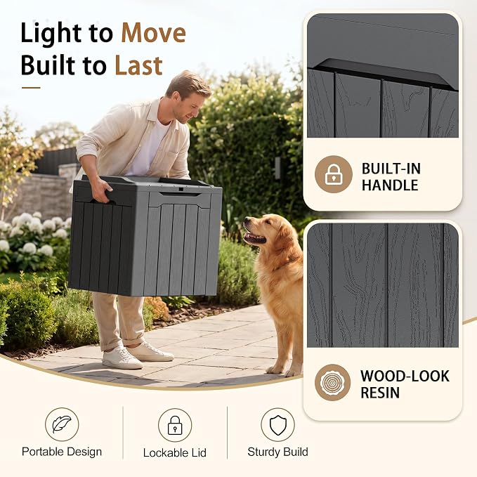 JUMMICO 31 Gallon Resin Deck Box Waterproof Indoor Outdoor Storage Boxes for Patio Furniture Cushions and Garden Tools (Gray)