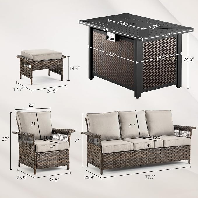 Patio Furniture Set with Fire Pit Table, 6PCS Patio Conversation Set Brown Resin Wicker Patio Chair Sofa Ottoman with 43in Rectangular Iron Outdoor Fire Table PE Rattan Furniture