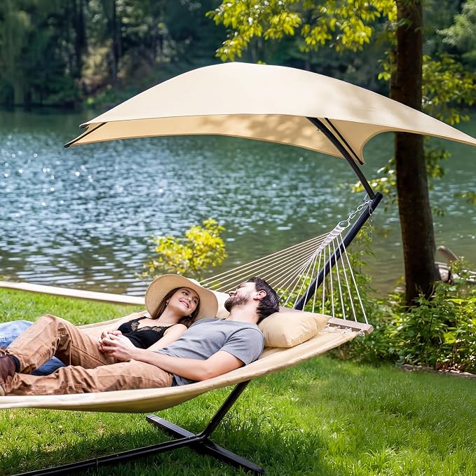 SUNCREAT Portable Outdoor Hammock with Stand, Sun-Protective Canopy, Double Hammock with Stand for Outside, Patent Pending, Beige