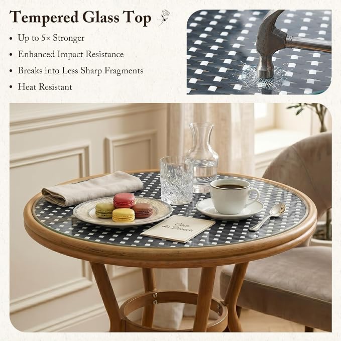 PURPLE LEAF 3-Piece French Bistro Dining Set Round Outdoor Patio Table and 2 Armless Chairs Tempered Glass Top PE Rattan Bamboo Print Finish Aluminum Frame Black