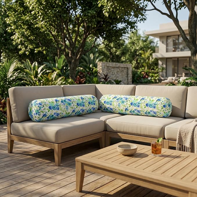 RSH DECOR: Neck Roll Jumbo Bolster Pillows Set of 2 | 24” x 8" | All-Weather Spun Fabric | Water and Fade-Resistant | Outdoor Support Pillows for Patio Furniture | Made in USA (Bettina Aqua)