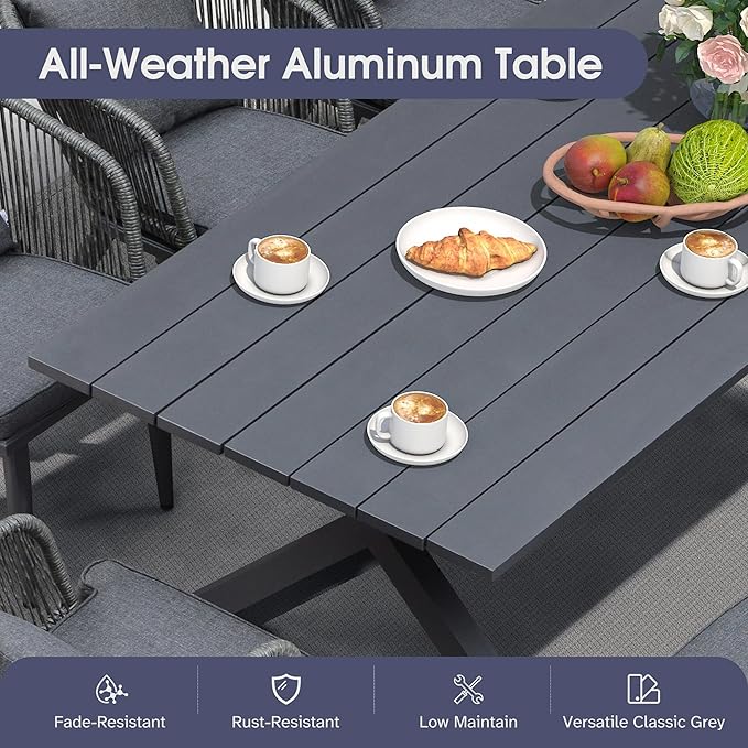 PURPLE LEAF 16 Pieces Patio Dining Set Wicker Outdoor Furniture Rectangular Table and Chairs Set for Garden Deck Aluminum Frame Backyard Kitchen Set, Cushions and Pillows Included Grey