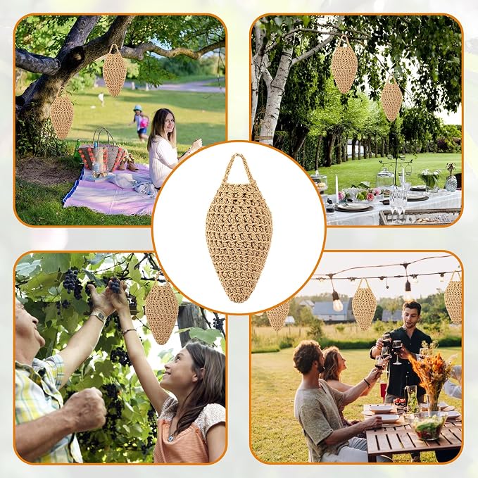 GJL 4 Pack Large Crochet Fake Wasp Nest Decoy, Artificial Faux Hornet Nest Outdoor Hanging Decor for Patio & Eaves, Prevent Wasps from Building Nests