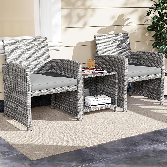 Tangkula 3 Pieces Patio Furniture Set, PE Rattan Outdoor Chairs with Tempered Glass Coffee Table & Soft Seat Cushions, Patio Bistro Set, Outdoor Conversation Set for Porch, Backyard Poolside (Grey)