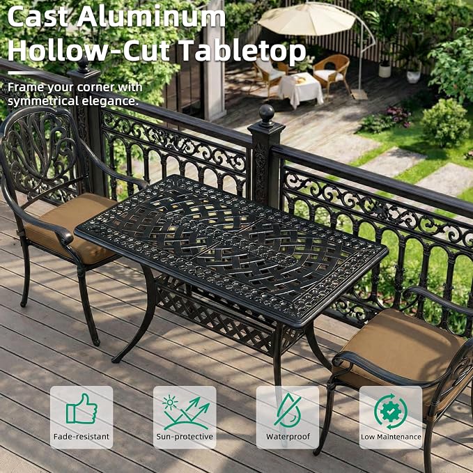 VIVIJASON 3 Piece Cast Aluminum Patio Bistro Set, Outdoor Dining Set with 42" x 24" Rectangular Table and 2 Cushioned Chairs, Rust Proof & Weather Resistant for Small Balcony, Porch, Garden, Deck