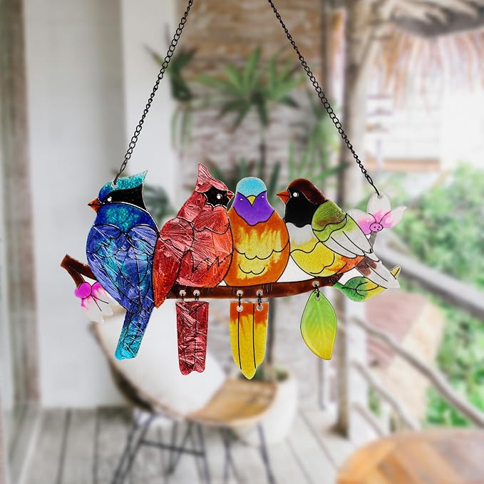 DASTOLL Stained Glass Window Hanging, Birds on A Branch Stain Glass Suncatcher, Hand-Painted Sun Catchers Indoor Window Decoration Bird Lover Gift for Mom, Grandma, Stocking Stuffers for Women