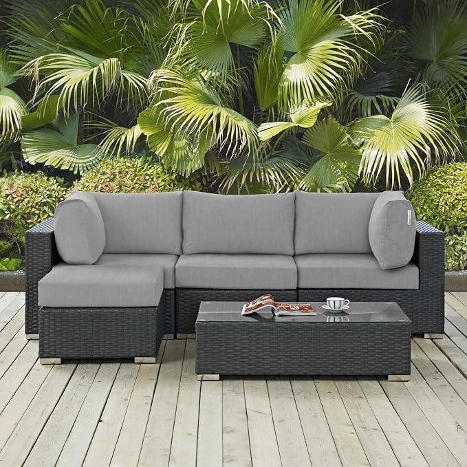 Modway Sojourn Wicker Rattan 5 Piece Outdoor Patio Sunbrella Sectional Set in Canvas Gray