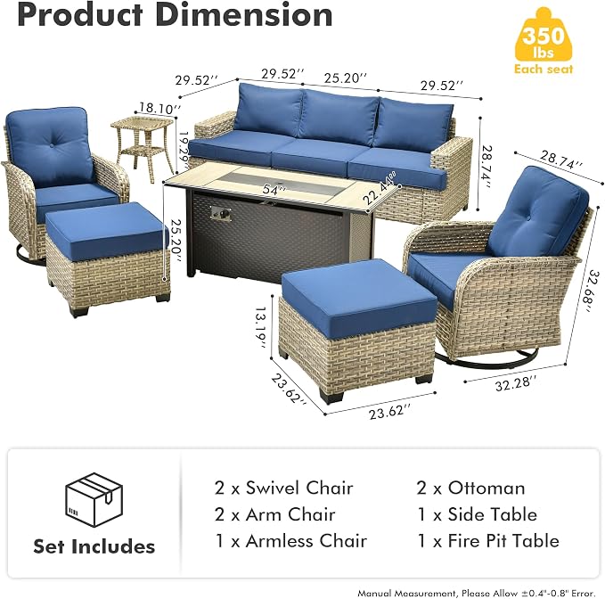 HOOOWOOO Outdoor Sectional Patio Furniture Set with Fire Pit Table,9 Pieces Wicker Conversation Sets,Extra Deep Out Door Sofa Outside Furniture Couch Swivel Chairs Ottoman,Navy Blue