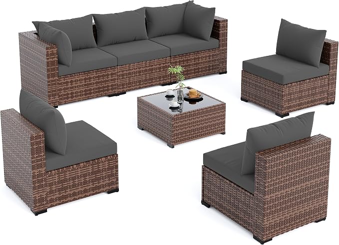 Amopatio Patio Furniture Sets, 7 Pieces Outdoor Rattan Sectional with Glass Table and Cushions,Wicker Patio Conversation Set for Outdoor Indoor Backyard Lawn Garden Porch (Grey)