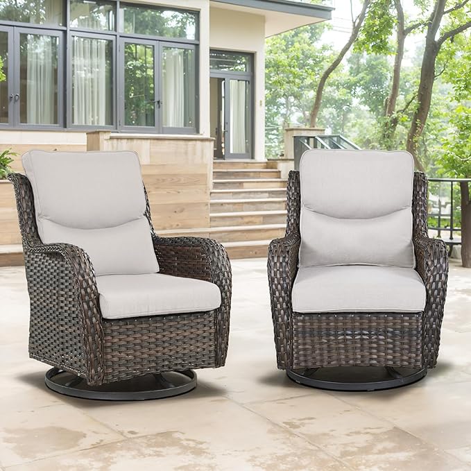 Swivel Patio Chairs Set of 2 with 5" Thick Cushion - Wicker Outdoor Swivel Rocker Patio Chairs, High Back Comfortable Outdoor Glider Chair for Balcony, Porch, Deck, Poolside - Brown/Beige