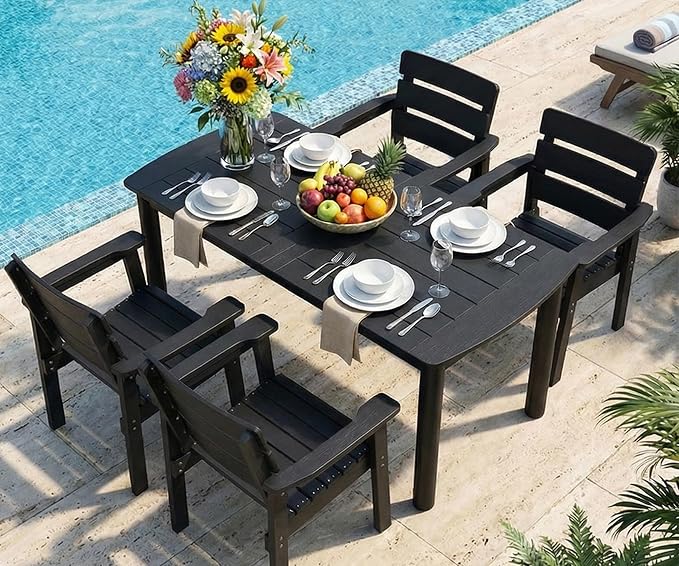 5-Piece Outdoor Dining Set, All-Weather HIPS Patio Table & Chairs for 4, Outdoor Furniture with Umbrella Hole, Ideal for Garden, Poolside, Backyard, Deck, Black