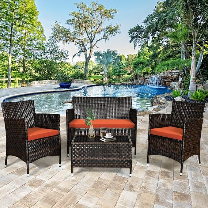 4 Pieces Patio Sofa Set, Wicker Conversation Set with Ergonomic Curved Backrest, Patio Rattan Furniture Set with Water-Resistant Cushion & Tempered Glass Table for Balcony, Porch (Orange)