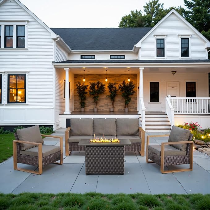 Belord Full 4 Pieces Patio Furniture Set with 41” Propane Fire Pit Table, Outdoor Conversation Set with Patio Chairs Set of 2 and Rattan Sofa for Deck Backyard