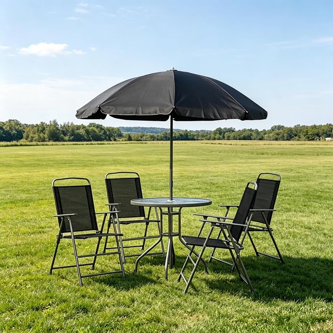 6-Piece Outdoor Dining Set with Umbrella, 4-Person Patio Furniture Set, Folding Chairs & Tempered Glass Table, 31.5" Dia. Table