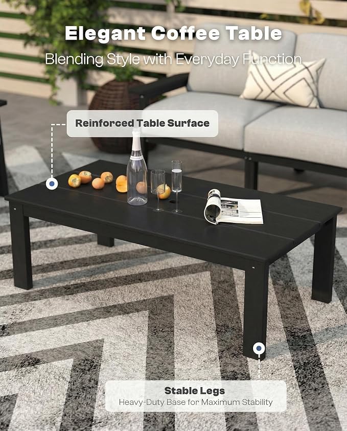 7 Piece Patio Furniture Set, HDPE Outdoor Sectional with Gray Washable Thick Cushions, Coffee Table, Patio Conversation Sets for Lawn, Garden, Porch, Balcony (Black Frame)