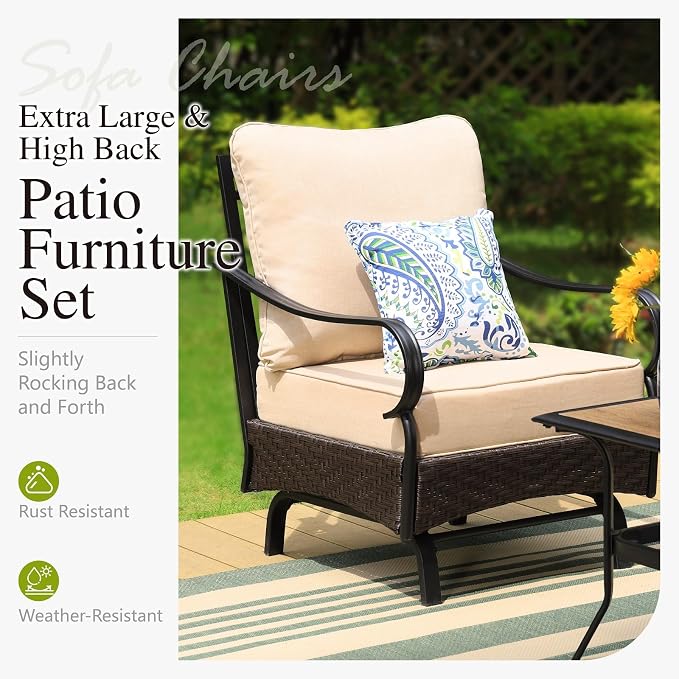 Sophia & William Patio Furniture Set, 7 Seats Metal Outdoor Conversation Set with 3-Seater Sofa, 2 Motion Chairs, 2 Ottoman, 1 Coffee Table for Seating Lawn Porch Backyard,Beige