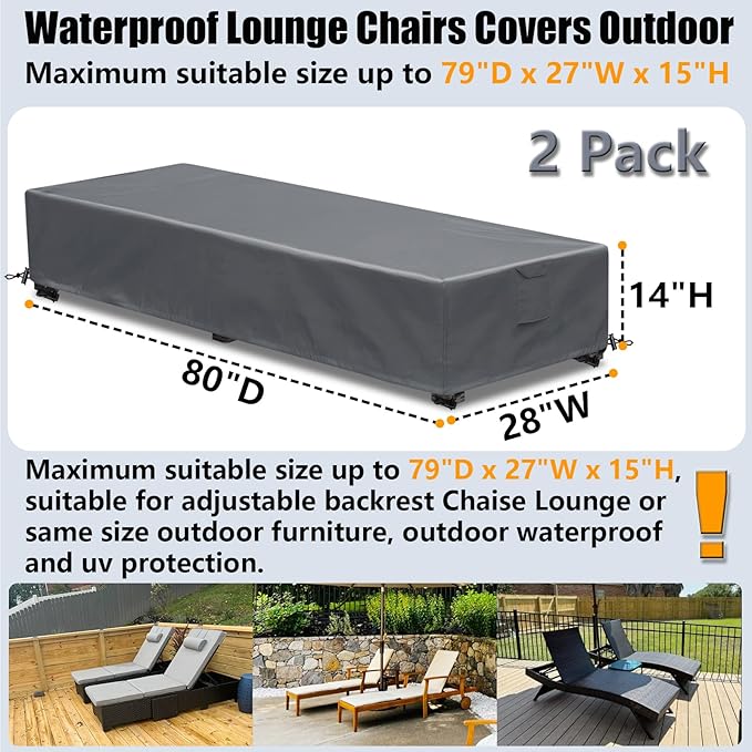Outdoor Lounge Chair Cover Waterproof 2 Pack Patio Chaise Lounge Covers 600D Weather Resistant Material, UV Protection, Windproof Design Patio Furniture Covers 80 x 28 x 14 H Inch,Grey