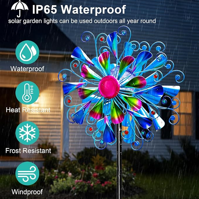 Solar Wind Spinner Outdoor Metal - Peacock Kinetic Garden Sculptures with Color-Changing LED Lights, Waterproof Wind Catchers Yard Art Decor for Patio Lawn, for Women