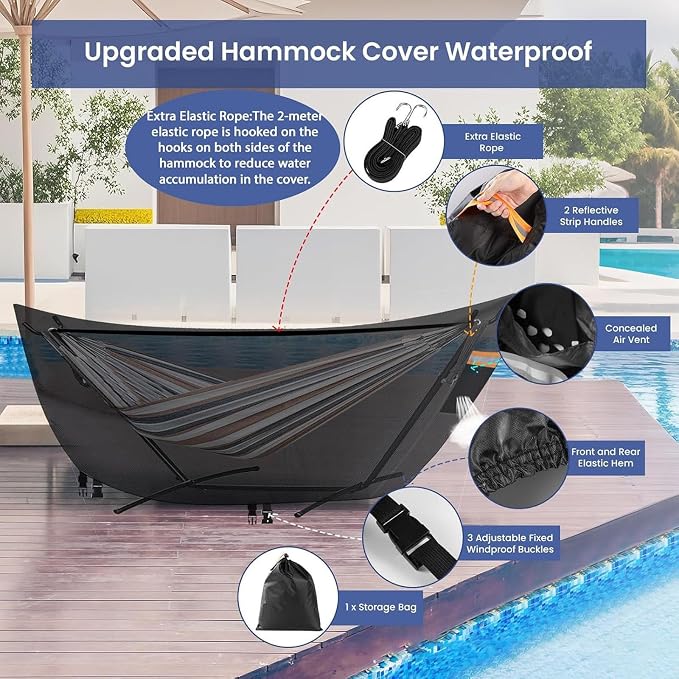 Hammocks Cover Waterproof - Breathable, Large Hammocks Cover with Buckle, Patio Hanging Chaise and Stand Cover, Universal Outdoor Hammock Cover for Garden, Patio & Beach Hammock Stand (Black#B)