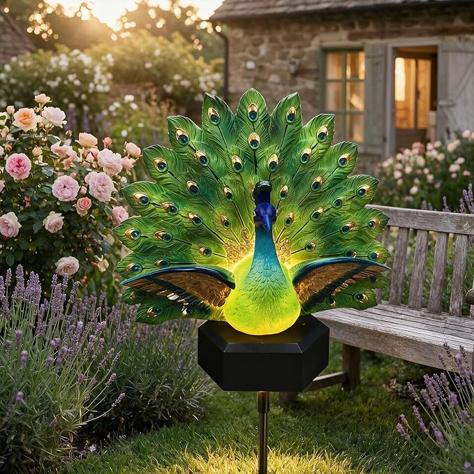 Solar Peacock Garden Sculpture, Outdoor Decor Light with Auto-On LED, Tail Statue for Yard Patio Lawn Walkway Villa Landscape Decoration Gift (This Product is a Static Sculpture.