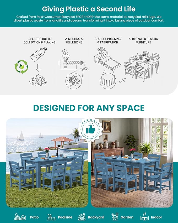 SERWALL 59" Outdoor Dining Set for 4, w/ 1 Table & 4 Armless Chairs, Blue | Armless Patio Dining Sets for All Weather Use