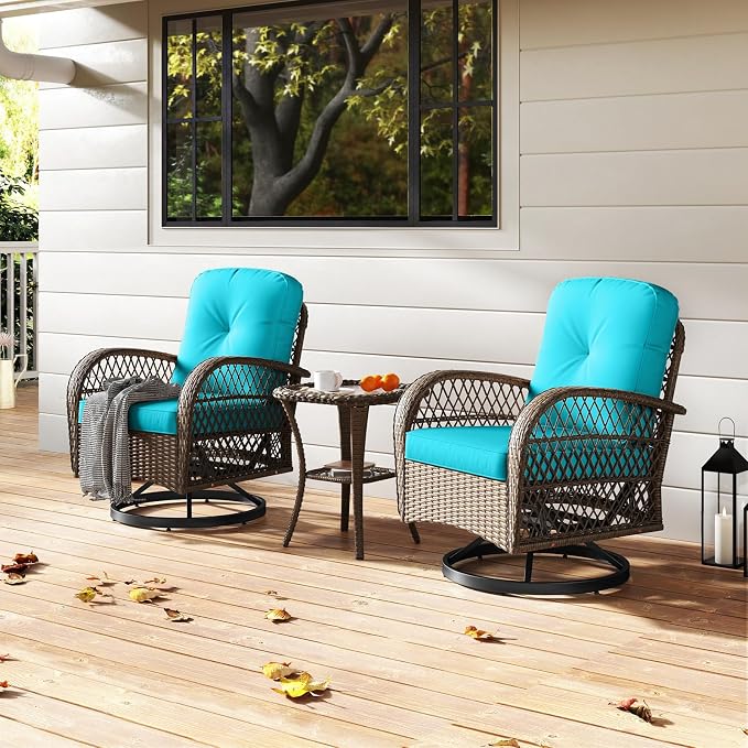 HAPPYGRILL 3 Pieces Patio Furniture Set Outdoor Rattan Swivel Rocker Chairs with Side Table, Outside Sectional Conversation Set with Swivel Rocking Chairs for Deck Porch Garden (Turquoise)