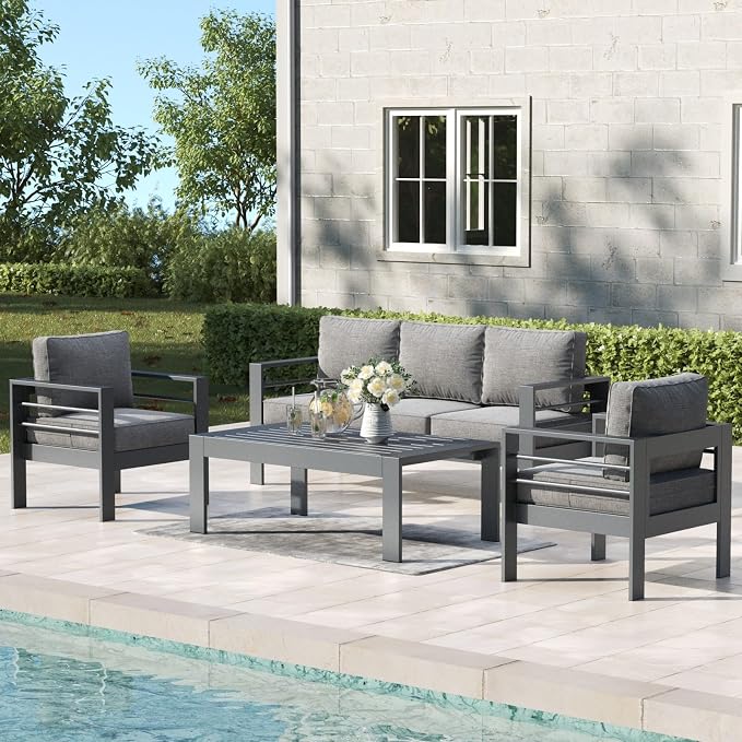 4 Pieces Aluminum Outdoor Patio Furniture Set with Coffee Table, Modern Metal Conversation Sofa Set with Deep Seating