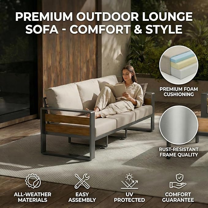 ZANDOR Aluminum Outdoor Patio Furniture Set with Table,4 Seat, Grey | Rustproof,High weight capacity,Water-repellent,Washable Cover,All-Weather Resistant,Easy clean,for Poolside Backyard Deck