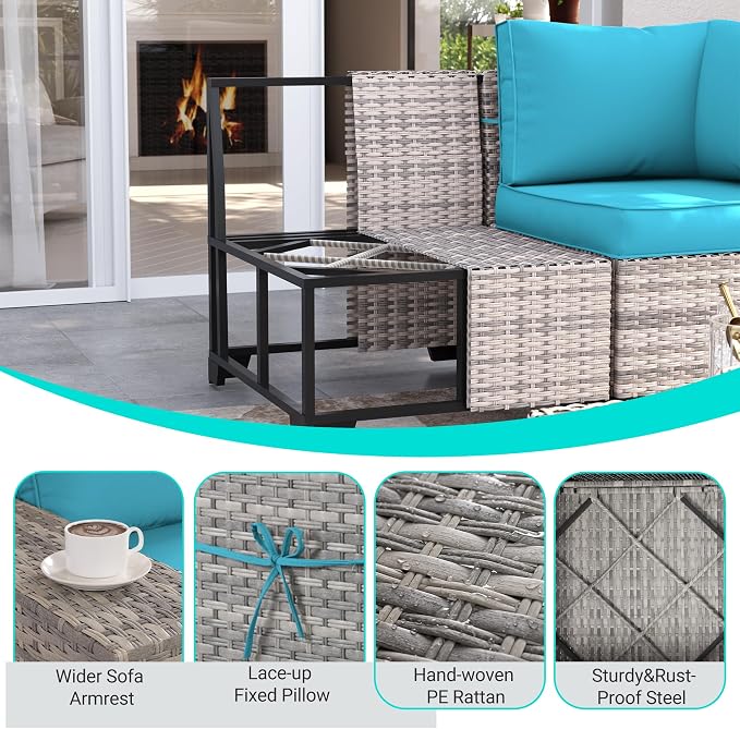 15-Piece Outdoor Patio Furniture Set with Rocking Swivel Chair Wicker Sectional Sofa Set, Patio Conversation Set with Thickened Cushions & Coffee Table for Garden, Backyard, Turquoise