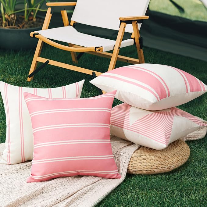 OTOSTAR Decorative Outdoor Throw Pillow Covers 16x16 Inch Waterproof Geometry Pillow Cover Garden Cushion Case Patio Outdoor Pillows Shell for Couch Indoor Tent Park Furniture Balcony Set of 4 (Pink)