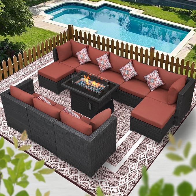 BULEXYARD Large High Back Grey Rattan Patio Furniture Set with Propane/Gas Fire Pit Table, Luxury Deep Wide Seat Outdoor Sectional Sofa, Modern Wicker Modular Conversation Couch (11Pcs-A, Dark Red)