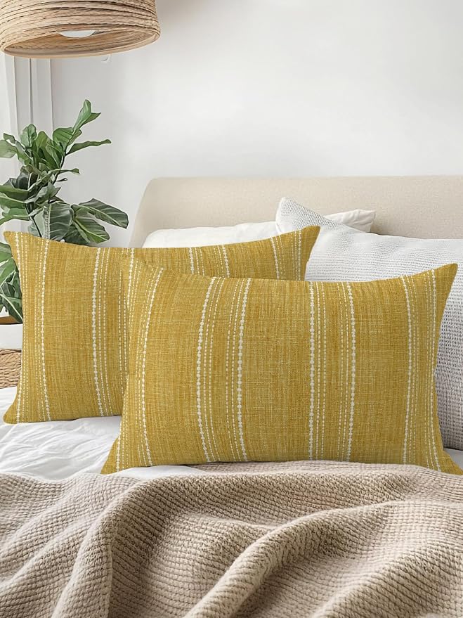 Waterproof Outdoor Pillow Set of 2 Yellow Linen Stripes Decorative Throw Pillows Cover & Insert 20x12 Inch Lumbar Pillowcase Parallel Vertical Lines Pillows for Couch Sofa Bed Patio Furniture