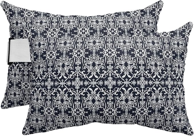 Outdoor Pillows Covers with Inserts Abstract Geometric Flowers Floral Blue Texture Waterproof Pillow with Adjustable Strap Throw Pillows for Patio Furniture Recliner Lounge Chair, 12x20 inch, 2PCS