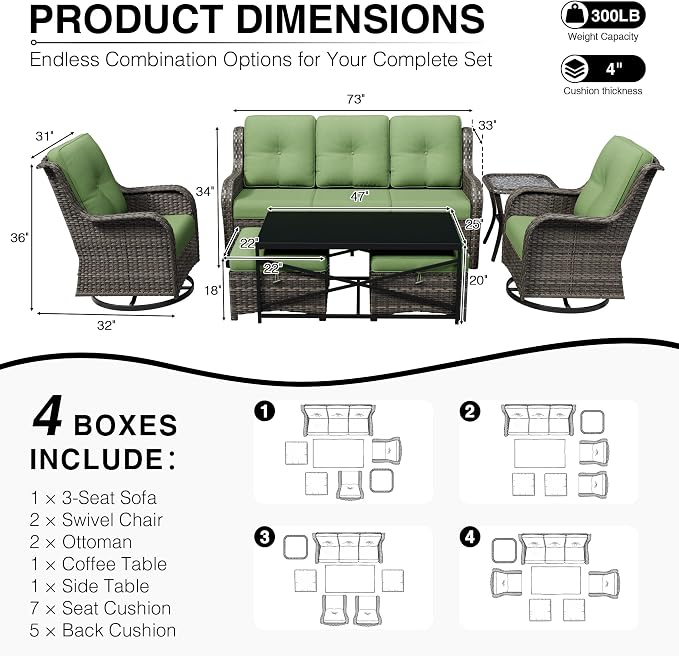 Joyside 7 Piece Wicker Patio Furniture Set, Outdoor Swivel Rocker Patio Chairs with High Back, Deep Seating, Wide Armrest, Thickened Cushions, Outdoor Furniture for Deck, Porch Use